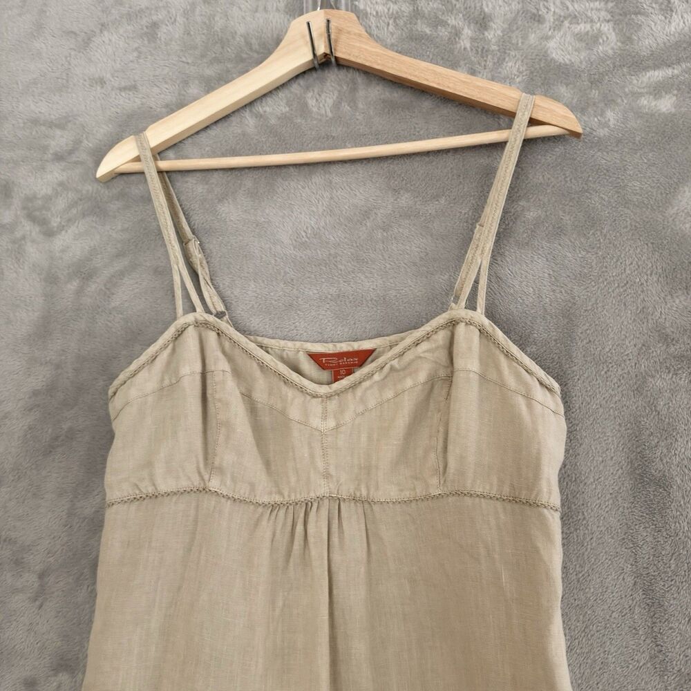 Tommy Bahama Relax Linen Dress Womens 12 Tan Embroidered Spaghetti Strap - Picture 2 of 8